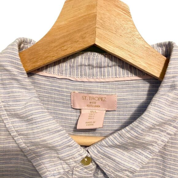 St. Tropez West 100% Linen Blue White Striped Button Down Tunic Shirt Dress in L - Picture 7 of 8
